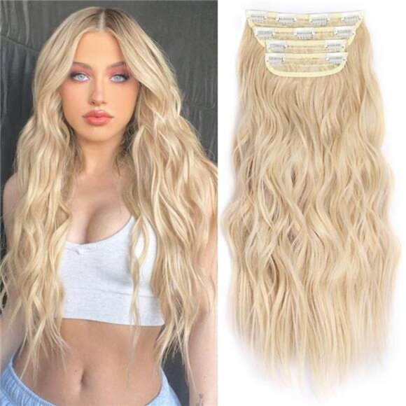 Clip in Hair Extension,Long Wavy Blonde Hair Extensions, 20 Inch 4PCS